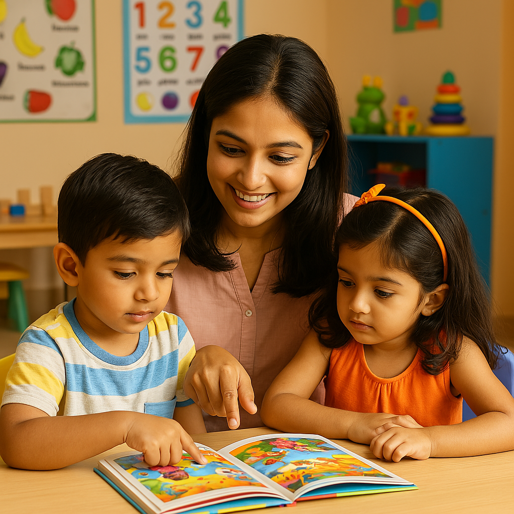 An Indian young teacher in school with kids
